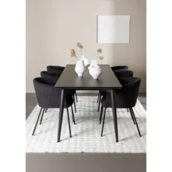 Ruokailuryhmä Venture Home, 230x85cm musta Ellis-pöytä + 6 Berit-tuolia, vakosametti