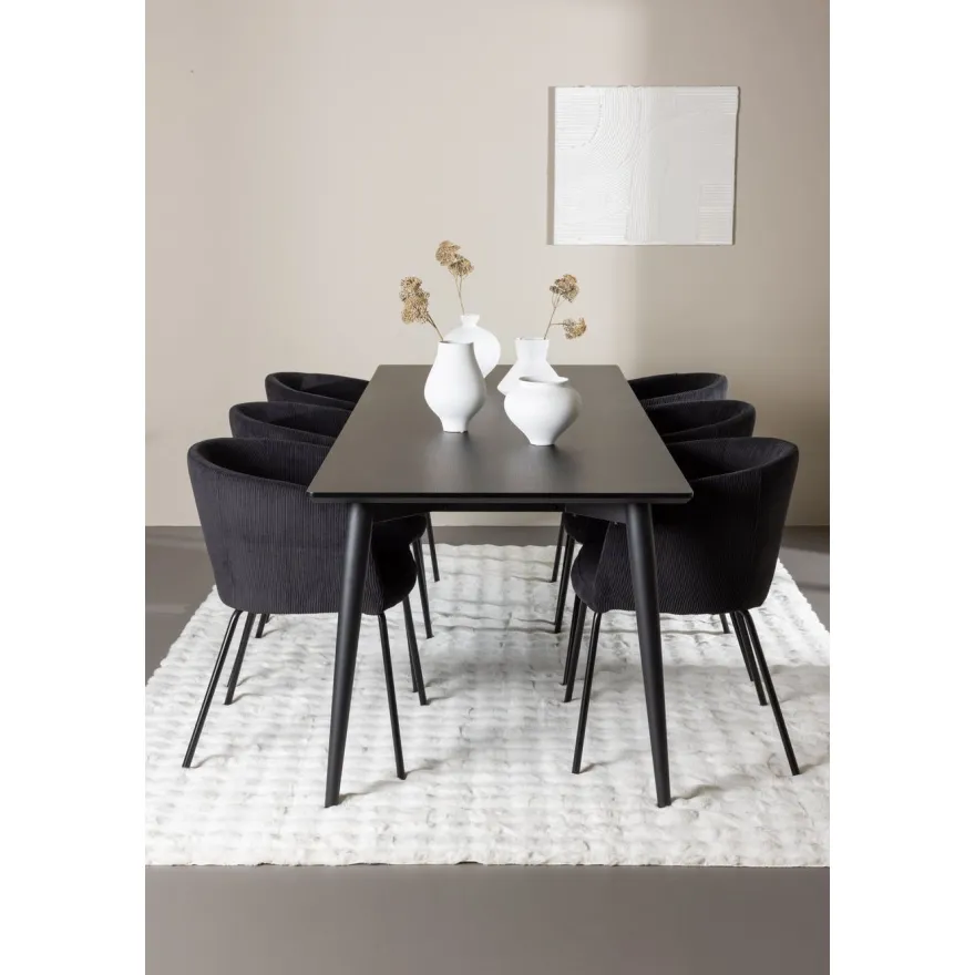 Ruokailuryhmä Venture Home, 230x85cm musta Ellis-pöytä + 6 Berit-tuolia, vakosametti