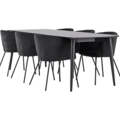 Ruokailuryhmä Venture Home, 230x85cm musta Ellis-pöytä + 6 Berit-tuolia, vakosametti