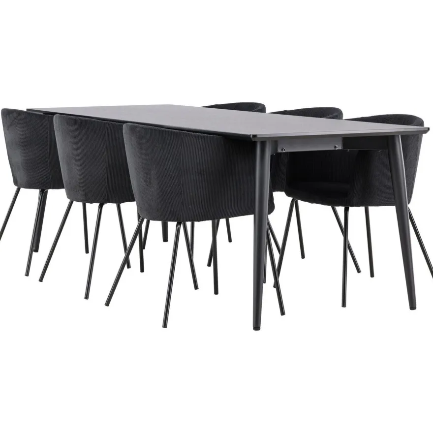 Ruokailuryhmä Venture Home, 230x85cm musta Ellis-pöytä + 6 Berit-tuolia, vakosametti