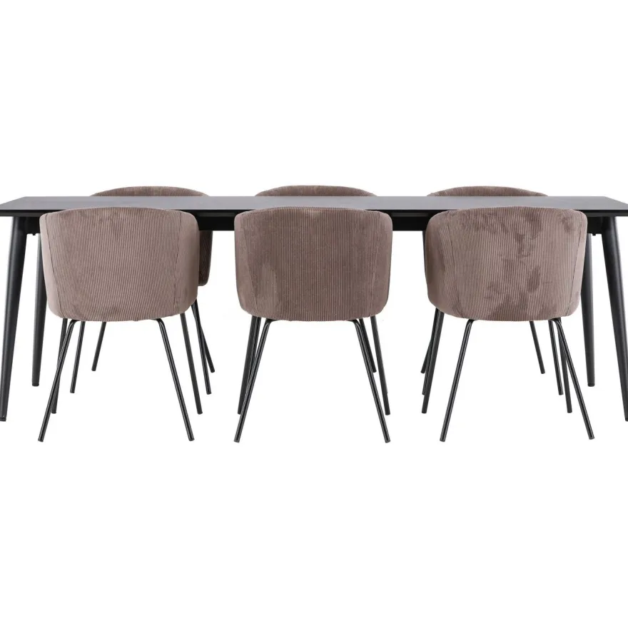 Ruokailuryhmä Venture Home, 230x85cm musta Ellis-pöytä + 6 Berit-tuolia, vakosametti