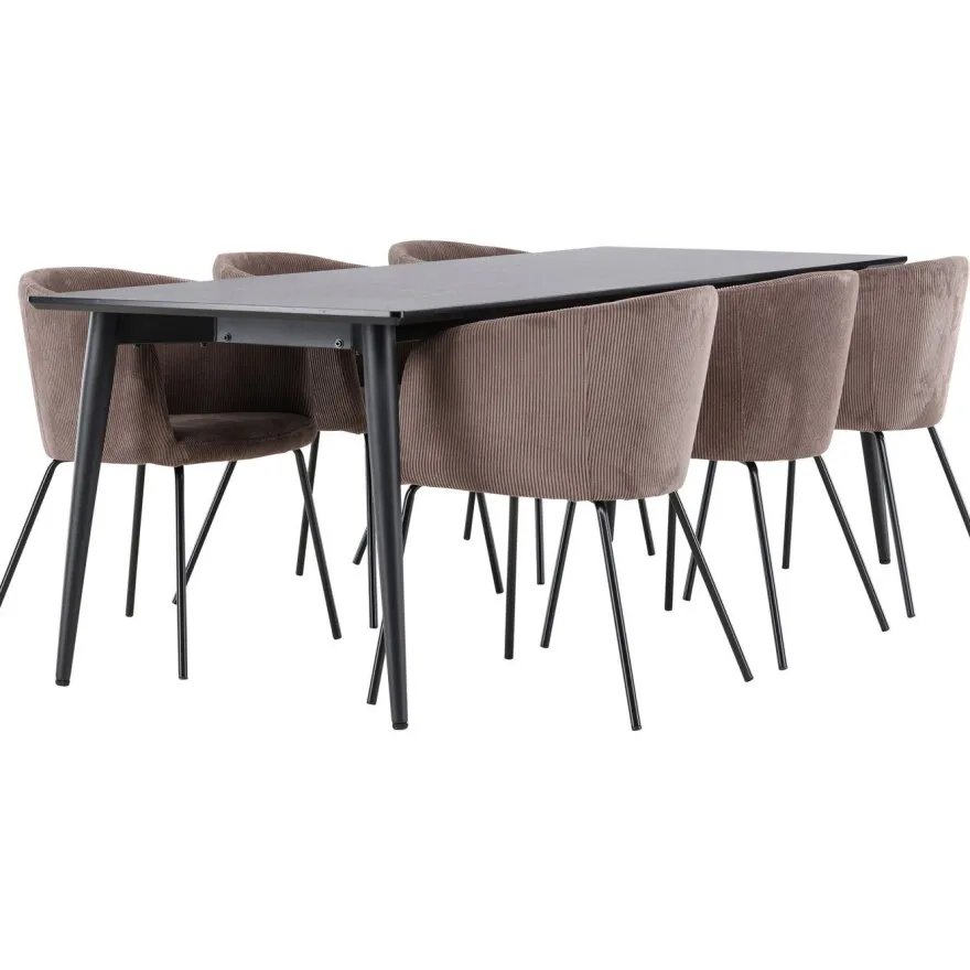 Ruokailuryhmä Venture Home, 230x85cm musta Ellis-pöytä + 6 Berit-tuolia, vakosametti