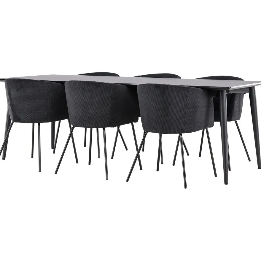 Ruokailuryhmä Venture Home, 230x85cm musta Ellis-pöytä + 6 Berit-tuolia, vakosametti
