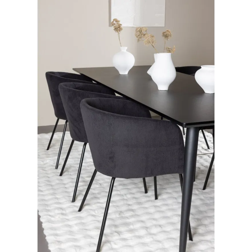 Ruokailuryhmä Venture Home, 230x85cm musta Ellis-pöytä + 6 Berit-tuolia, vakosametti
