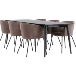 Ruokailuryhmä Venture Home, 230x85cm musta Ellis-pöytä + 6 Berit-tuolia, vakosametti