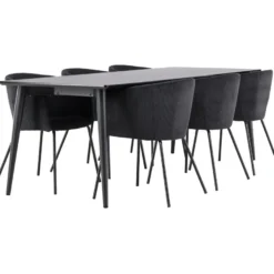 Ruokailuryhmä Venture Home, 230x85cm musta Ellis-pöytä + 6 Berit-tuolia, vakosametti
