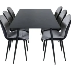 Ruokailuryhmä Venture Home, 180x90cm musta Silar-pöytä + 6 musta-harmaata Emma-tuolia, sametti