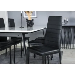 Ruokailuryhmä Venture Home, 200x90cm valkoinen Estelle-pöytä + 6 mustaa Slim-tuolia, keinonahka