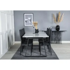 Ruokailuryhmä Venture Home, 200x90cm valkoinen Estelle-pöytä + 6 mustaa Slim-tuolia, keinonahka