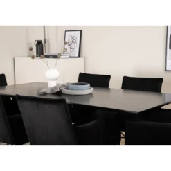 Ruokailuryhmä Venture Home, 180x90cm musta Piazza-pöytä + 6 mustaa Petra-tuolia, sametti
