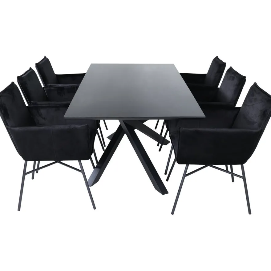 Ruokailuryhmä Venture Home, 180x90cm musta Piazza-pöytä + 6 mustaa Petra-tuolia, sametti