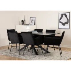 Ruokailuryhmä Venture Home, 180x90cm musta Piazza-pöytä + 6 mustaa Petra-tuolia, sametti