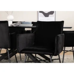 Ruokailuryhmä Venture Home, 180x90cm musta Piazza-pöytä + 6 mustaa Petra-tuolia, sametti