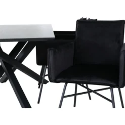 Ruokailuryhmä Venture Home, 180x90cm musta Piazza-pöytä + 6 mustaa Petra-tuolia, sametti