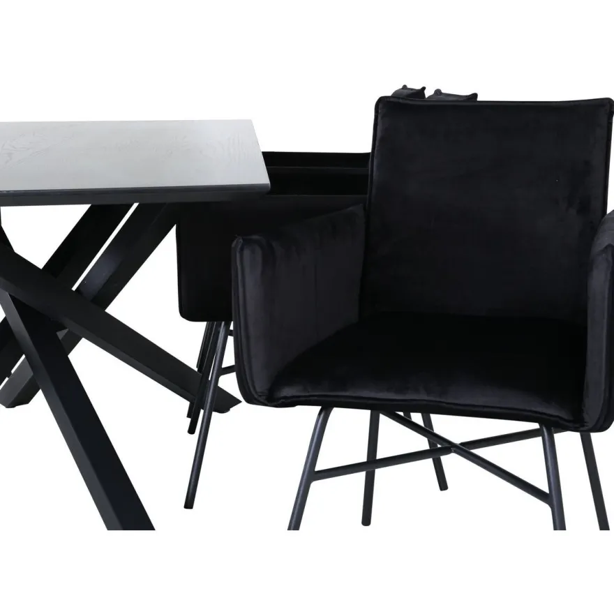 Ruokailuryhmä Venture Home, 180x90cm musta Piazza-pöytä + 6 mustaa Petra-tuolia, sametti