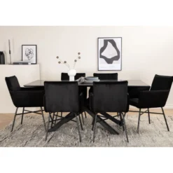 Ruokailuryhmä Venture Home, 180x90cm musta Piazza-pöytä + 6 mustaa Petra-tuolia, sametti