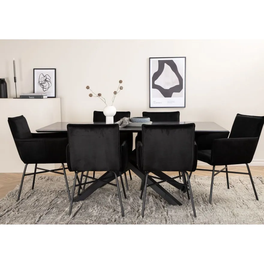 Ruokailuryhmä Venture Home, 180x90cm musta Piazza-pöytä + 6 mustaa Petra-tuolia, sametti