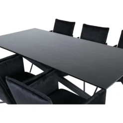 Ruokailuryhmä Venture Home, 180x90cm musta Piazza-pöytä + 6 mustaa Petra-tuolia, sametti