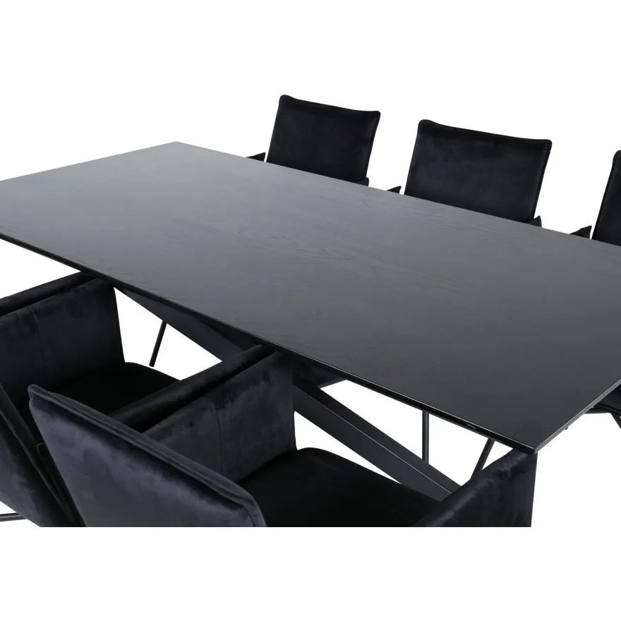 Ruokailuryhmä Venture Home, 180x90cm musta Piazza-pöytä + 6 mustaa Petra-tuolia, sametti