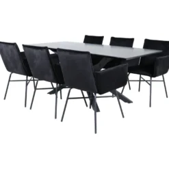 Ruokailuryhmä Venture Home, 180x90cm musta Piazza-pöytä + 6 mustaa Petra-tuolia, sametti