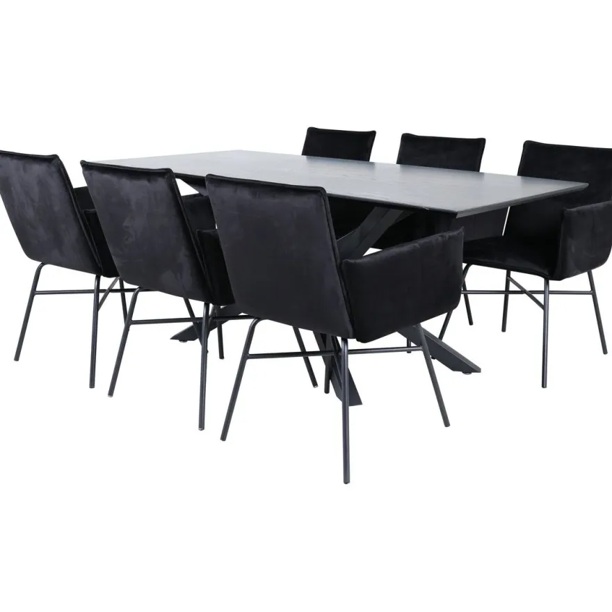Ruokailuryhmä Venture Home, 180x90cm musta Piazza-pöytä + 6 mustaa Petra-tuolia, sametti