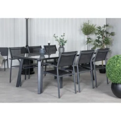 Ruokailuryhmä Venture Home, 200x100cm ruskea/musta Paola-pöytä + 6 mustaa, pinottavaa Santorini-tuolia