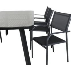 Ruokailuryhmä Venture Home, 200x100cm ruskea/musta Paola-pöytä + 6 mustaa, pinottavaa Santorini-tuolia