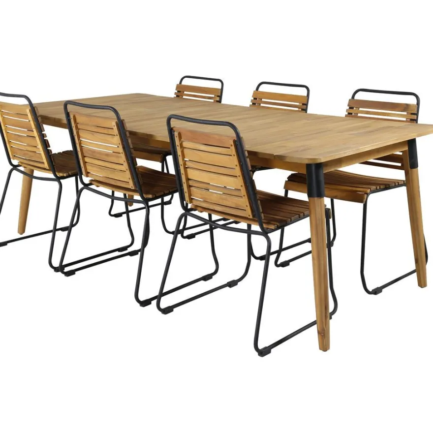 Ruokailuryhmä Venture Home, 210x100cm Julian-pöytä + 6 mustaa Bois-tuolia