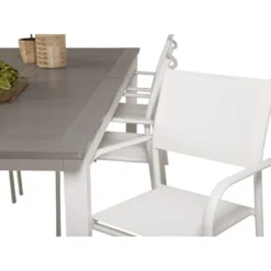Ruokailuryhmä Venture Home, 224/324x100cm jatkettava harmaa/valkoinen Albany-pöytä + 6 valkoista, pinottavaa Santorini-tuolia