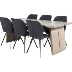 Ruokailuryhmä Venture Home, 210x100cm Logger-pöytä + 6 mustaa Gemma-tuolia