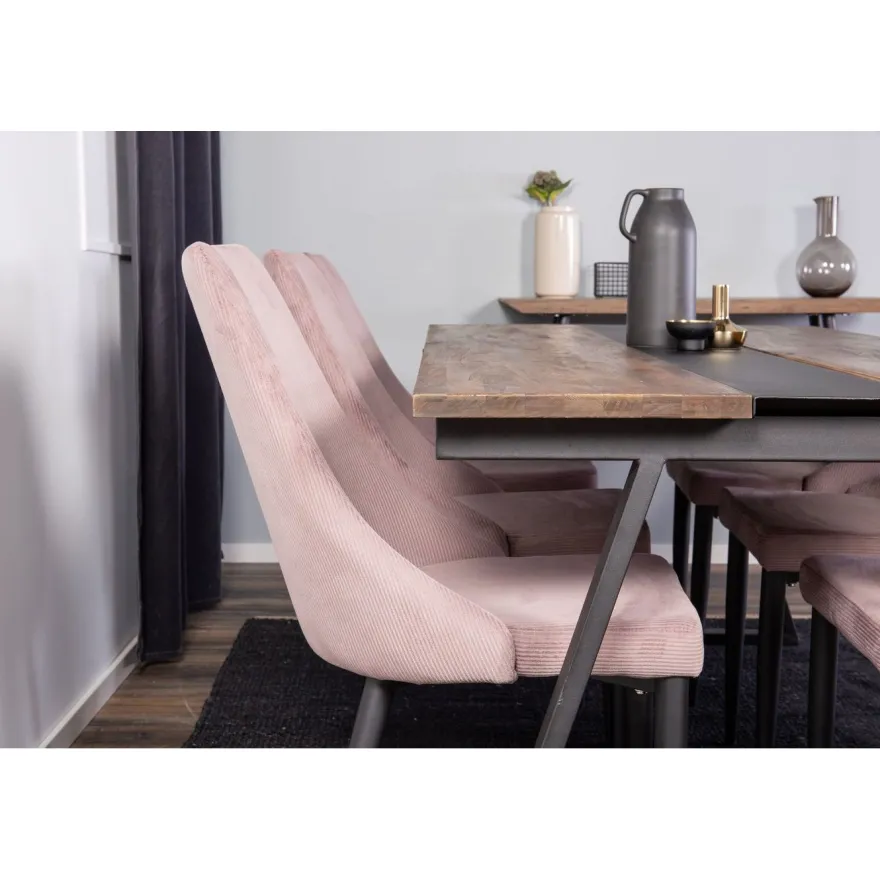 Ruokailuryhmä Venture Home, 200x90cm Jakarta-pöytä + 6 vaaleanpunaista Leone-tuolia, vakosametti