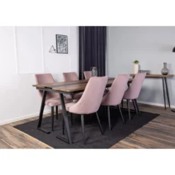 Ruokailuryhmä Venture Home, 200x90cm Jakarta-pöytä + 6 vaaleanpunaista Leone-tuolia, vakosametti
