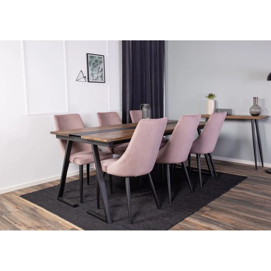Ruokailuryhmä Venture Home, 200x90cm Jakarta-pöytä + 6 vaaleanpunaista Leone-tuolia, vakosametti