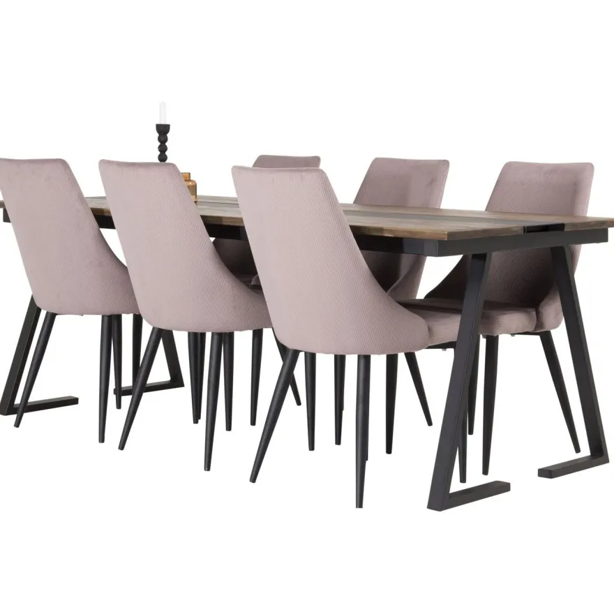 Ruokailuryhmä Venture Home, 200x90cm Jakarta-pöytä + 6 vaaleanpunaista Leone-tuolia, vakosametti