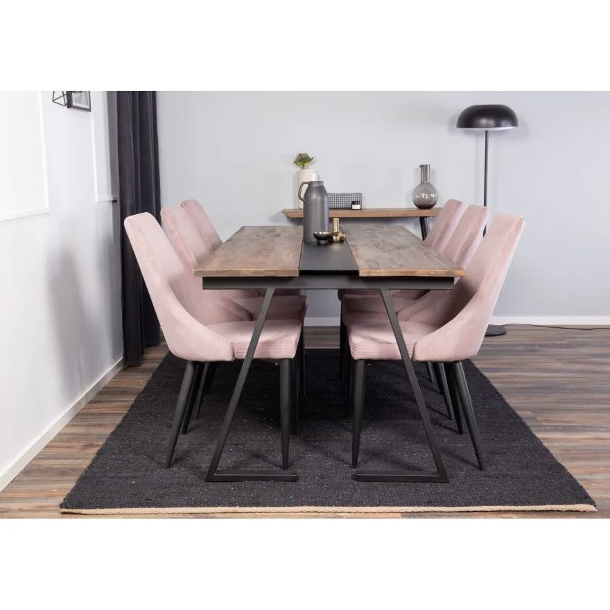 Ruokailuryhmä Venture Home, 200x90cm Jakarta-pöytä + 6 vaaleanpunaista Leone-tuolia, vakosametti