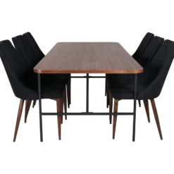 Ruokailuryhmä Venture Home, 200x90cm ruskea Uno-pöytä + 6 mustaa Leone-tuolia