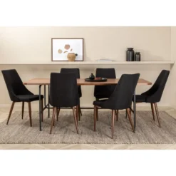 Ruokailuryhmä Venture Home, 200x90cm ruskea Uno-pöytä + 6 mustaa Leone-tuolia