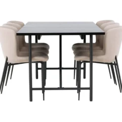 Ruokailuryhmä Venture Home, 200x90cm musta Astrid-pöytä + 6 beigeä Modesto-tuolia, bouclé