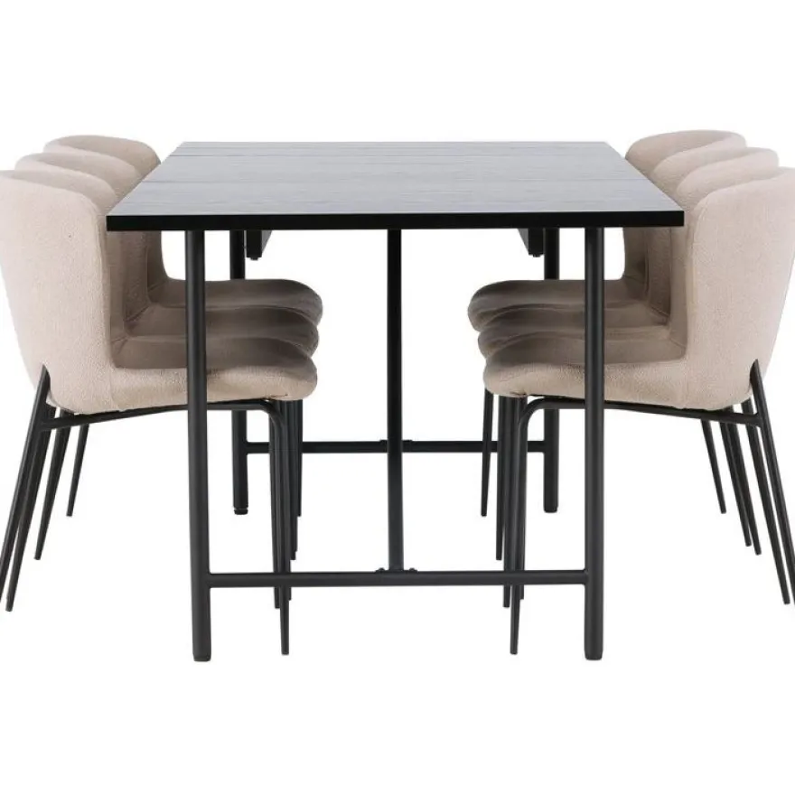 Ruokailuryhmä Venture Home, 200x90cm musta Astrid-pöytä + 6 beigeä Modesto-tuolia, bouclé