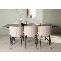 Ruokailuryhmä Venture Home, 200x90cm musta Astrid-pöytä + 6 beigeä Modesto-tuolia, bouclé
