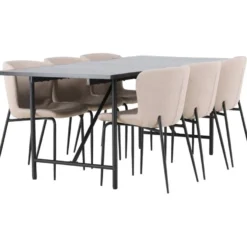 Ruokailuryhmä Venture Home, 200x90cm musta Astrid-pöytä + 6 beigeä Modesto-tuolia, bouclé