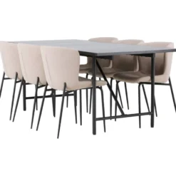 Ruokailuryhmä Venture Home, 200x90cm musta Astrid-pöytä + 6 beigeä Modesto-tuolia, bouclé