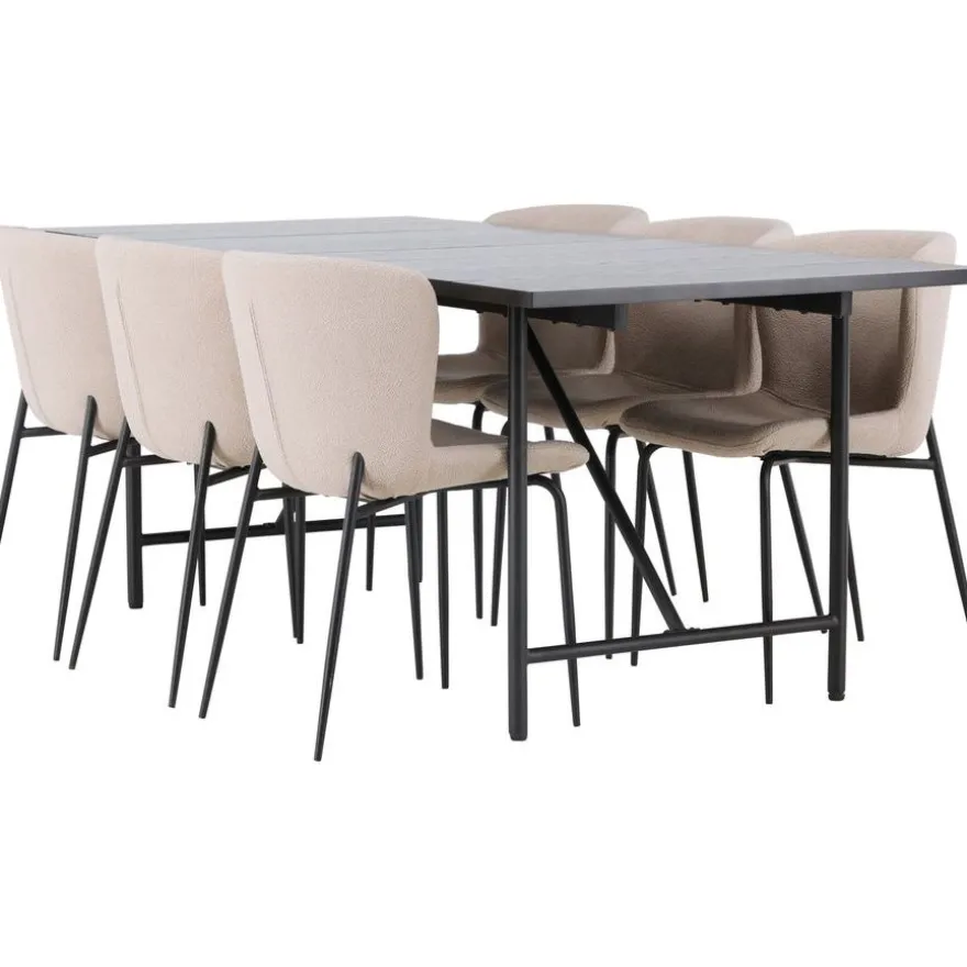 Ruokailuryhmä Venture Home, 200x90cm musta Astrid-pöytä + 6 beigeä Modesto-tuolia, bouclé