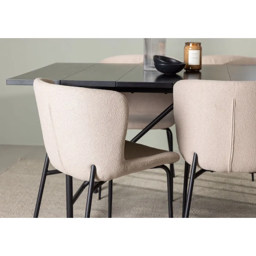 Ruokailuryhmä Venture Home, 200x90cm musta Astrid-pöytä + 6 beigeä Modesto-tuolia, bouclé