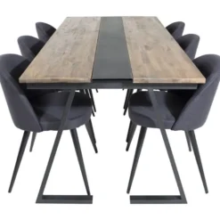 Ruokailuryhmä Venture Home, 200x90cm Jakarta-pöytä + 6 mustaa Velvet-tuolia