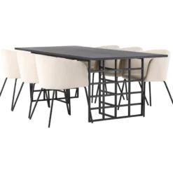 Ruokailuryhmä Venture Home, 220x100cm musta Ystad -pöytä + 6 beigeä Berit-tuolia, sametti