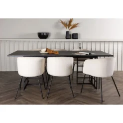 Ruokailuryhmä Venture Home, 220x100cm musta Ystad -pöytä + 6 beigeä Berit-tuolia, sametti