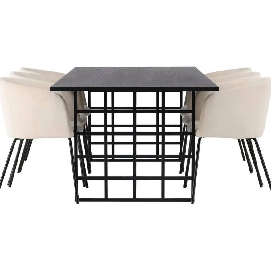 Ruokailuryhmä Venture Home, 220x100cm musta Ystad -pöytä + 6 beigeä Berit-tuolia, sametti