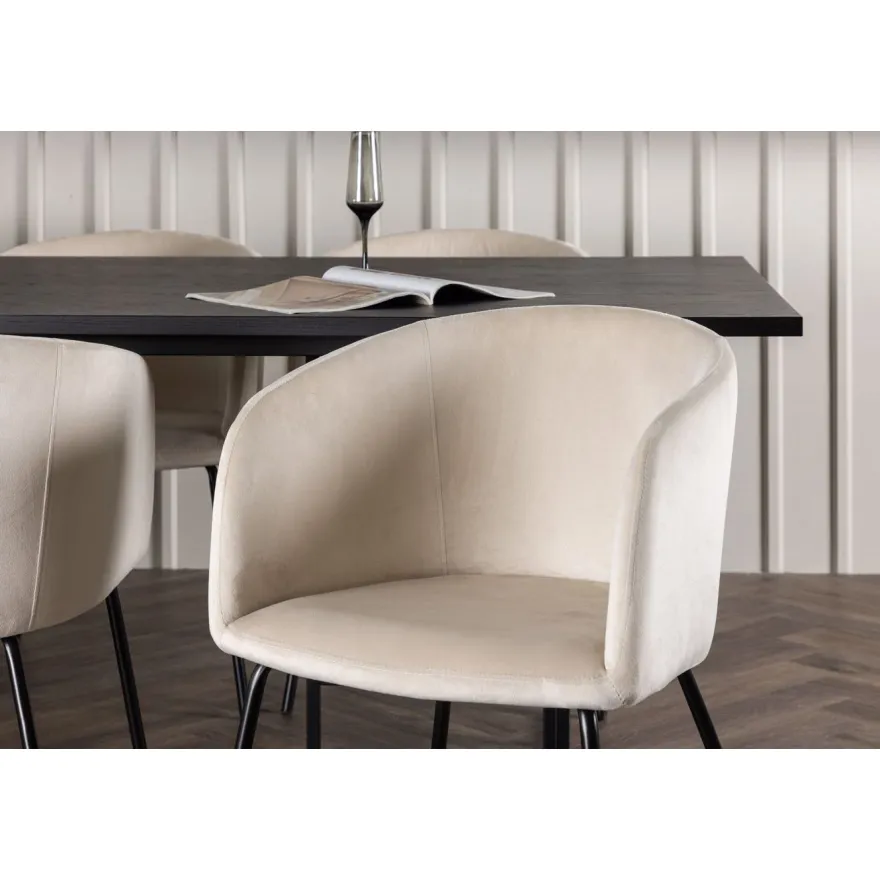 Ruokailuryhmä Venture Home, 220x100cm musta Ystad -pöytä + 6 beigeä Berit-tuolia, sametti