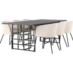Ruokailuryhmä Venture Home, 220x100cm musta Ystad -pöytä + 6 beigeä Berit-tuolia, sametti
